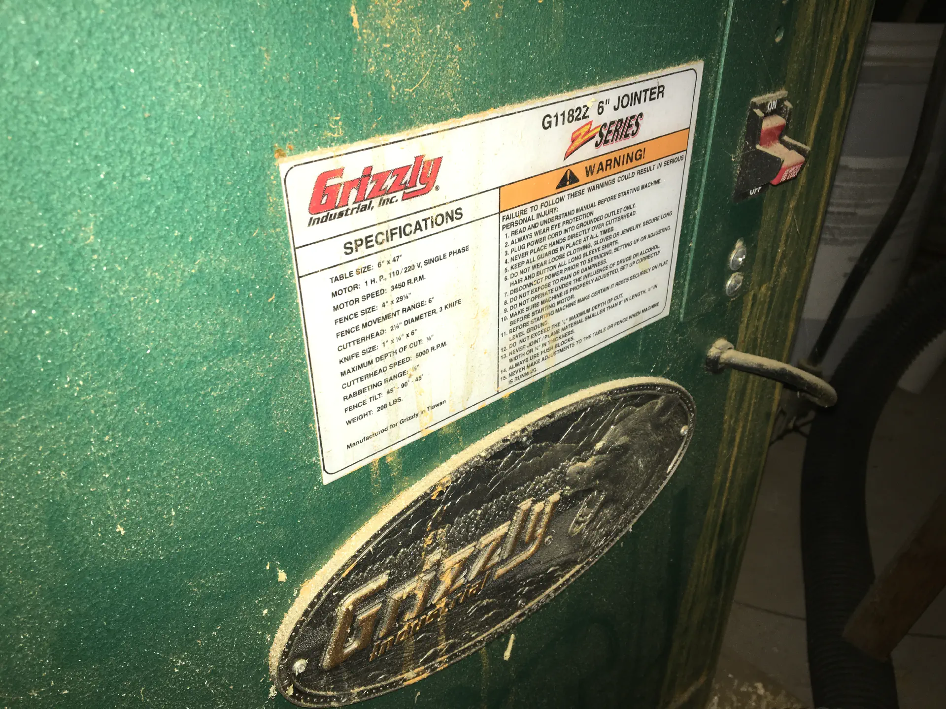 Grizzly G1182Z 6 inch Jointer specification sheet