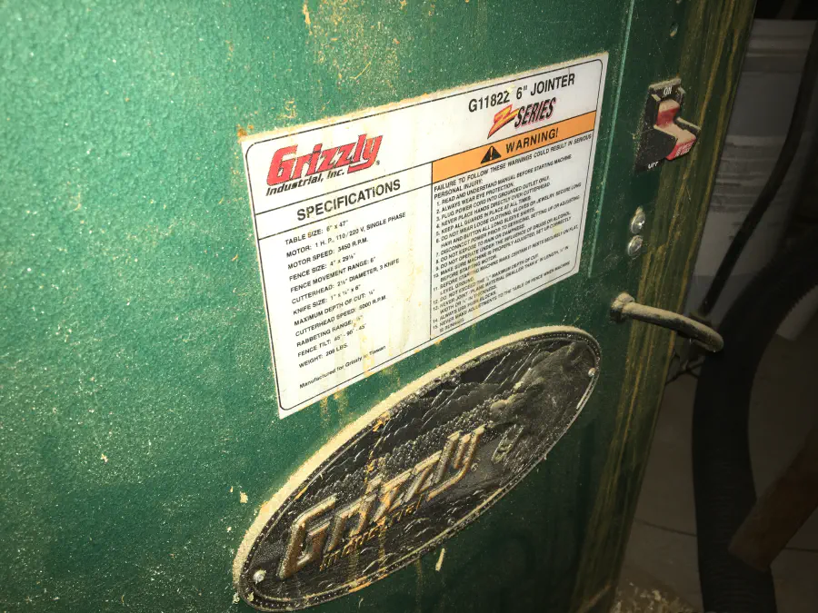 Grizzly G1182Z 6 inch Jointer specification sheet
