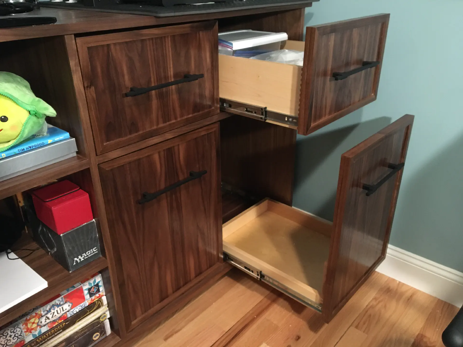 The four walnut doors in place and mounted with drawer slides