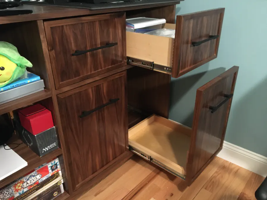 The four walnut doors in place and mounted with drawer slides