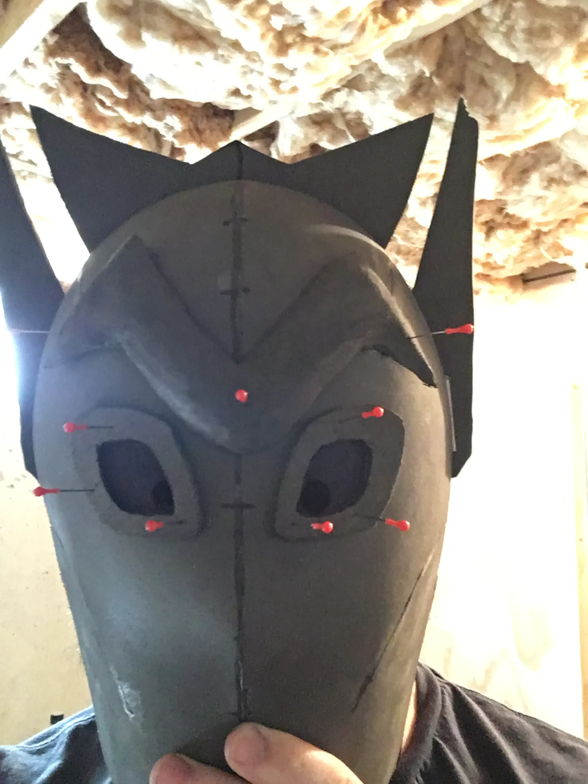 The eyebrow has been shaved down to match the real contours of the mask instead of a blocky form. Also, thin eye outlines are added. All pieces are pinned on.