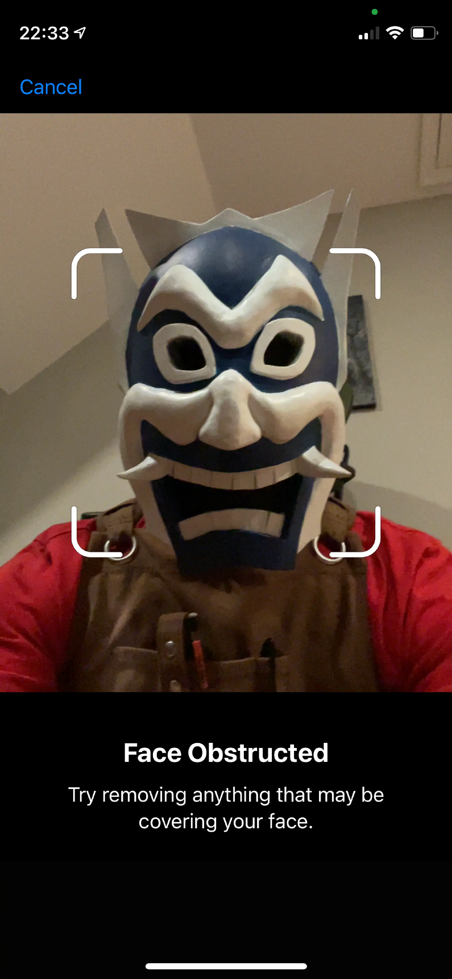 An iPhone screenshot. 'Face Obstructed, try removing anything that may be covering your face'. I'm wearing the mask.